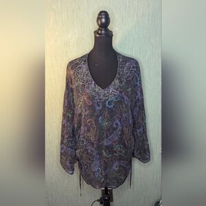 Chico’s Blouse Women’s Sz M/L 100% Silk Paisley Black Print Poncho Style
